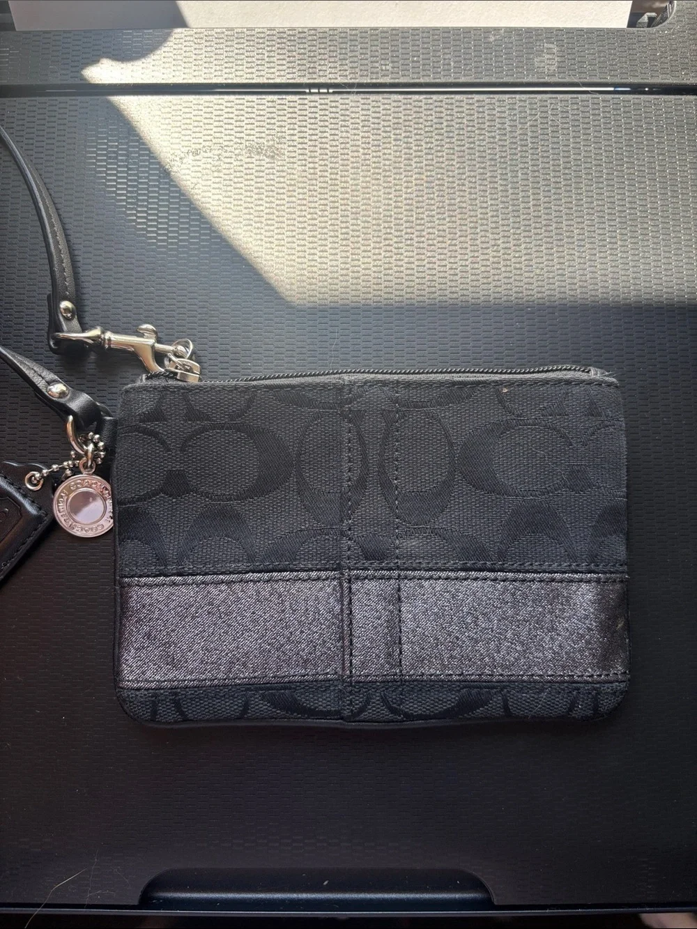 Coach Black Signature Wristlet with Gunmetal Accent